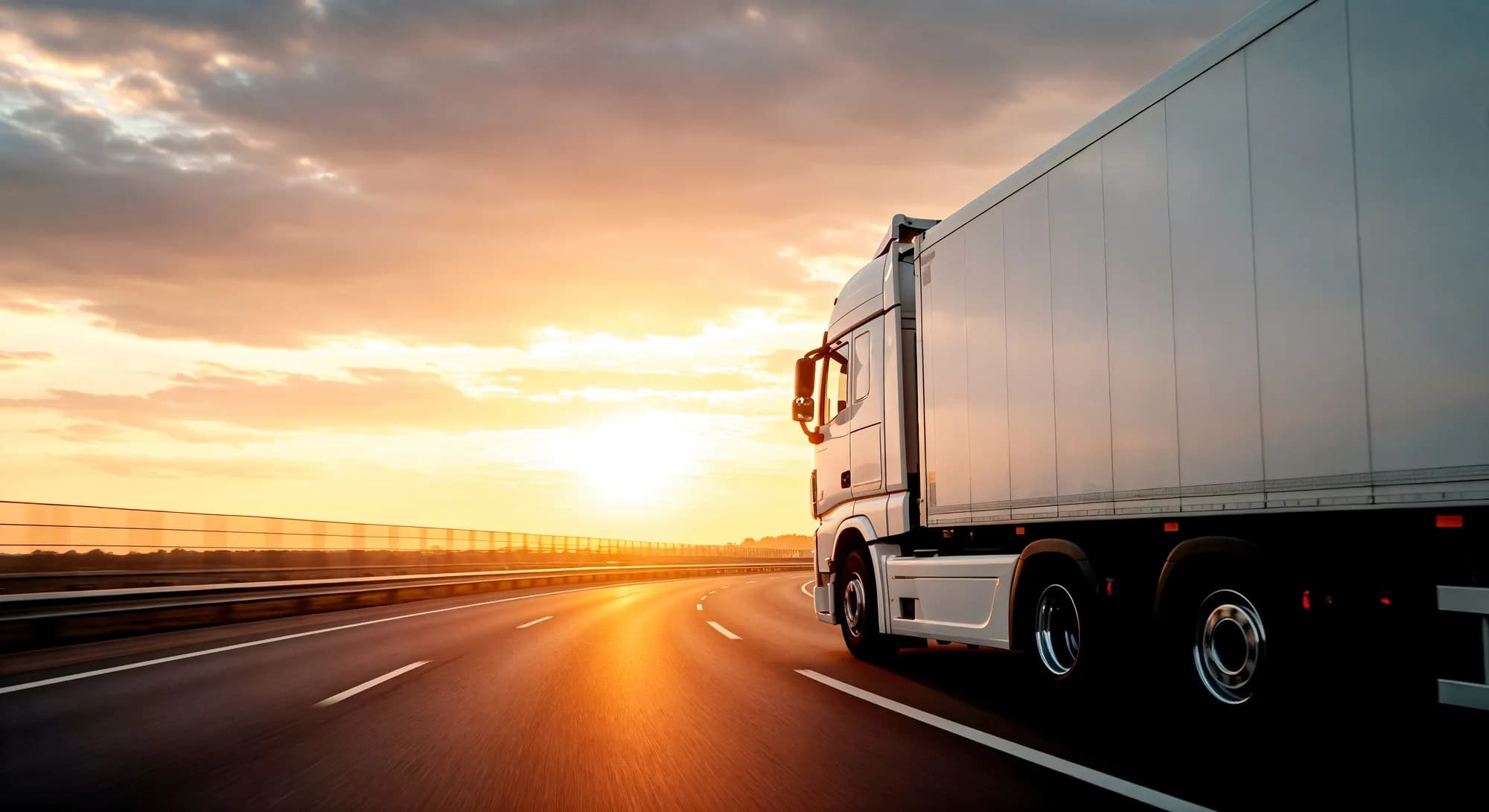 A container lorry on an open highway at sunset